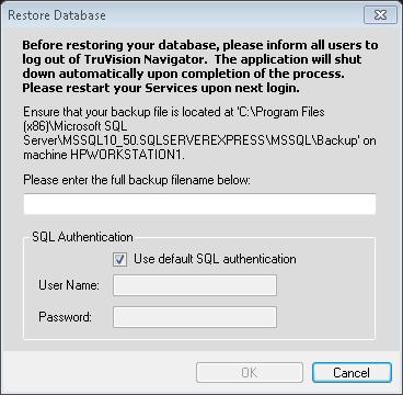 Kappale 3: Navigatorin päävalikko 2. Kirjoita tiedoston tarkka nimi sille tarkoitettuun tekstikenttään. Jos palautat tietokannan SQL-esiintymään, joka edellyttää SQL:n tunnistetietoja, anna ne nyt.