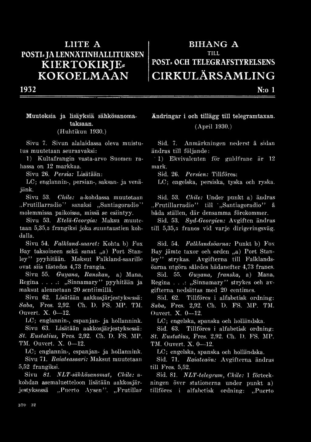 ...: Sinnamary pyyhitään ja maksut alennetaan 20 sentiimillä. Sivu 62. Lisätään aakkosjärjestyksessä: Saha, Fres. 2,92. Ch. D. FS. MP. TM. Ouvert. X. 0 12. LC; englannin-, espanjan- ja hollannink.