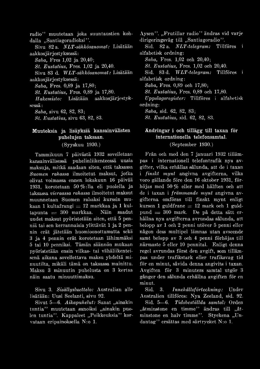 Eustatius, sivu 63, 82, 83. Muutoksia ja lisäyksiä kansainvälisten puhelujen taksaan. (Syyskuu 1930.