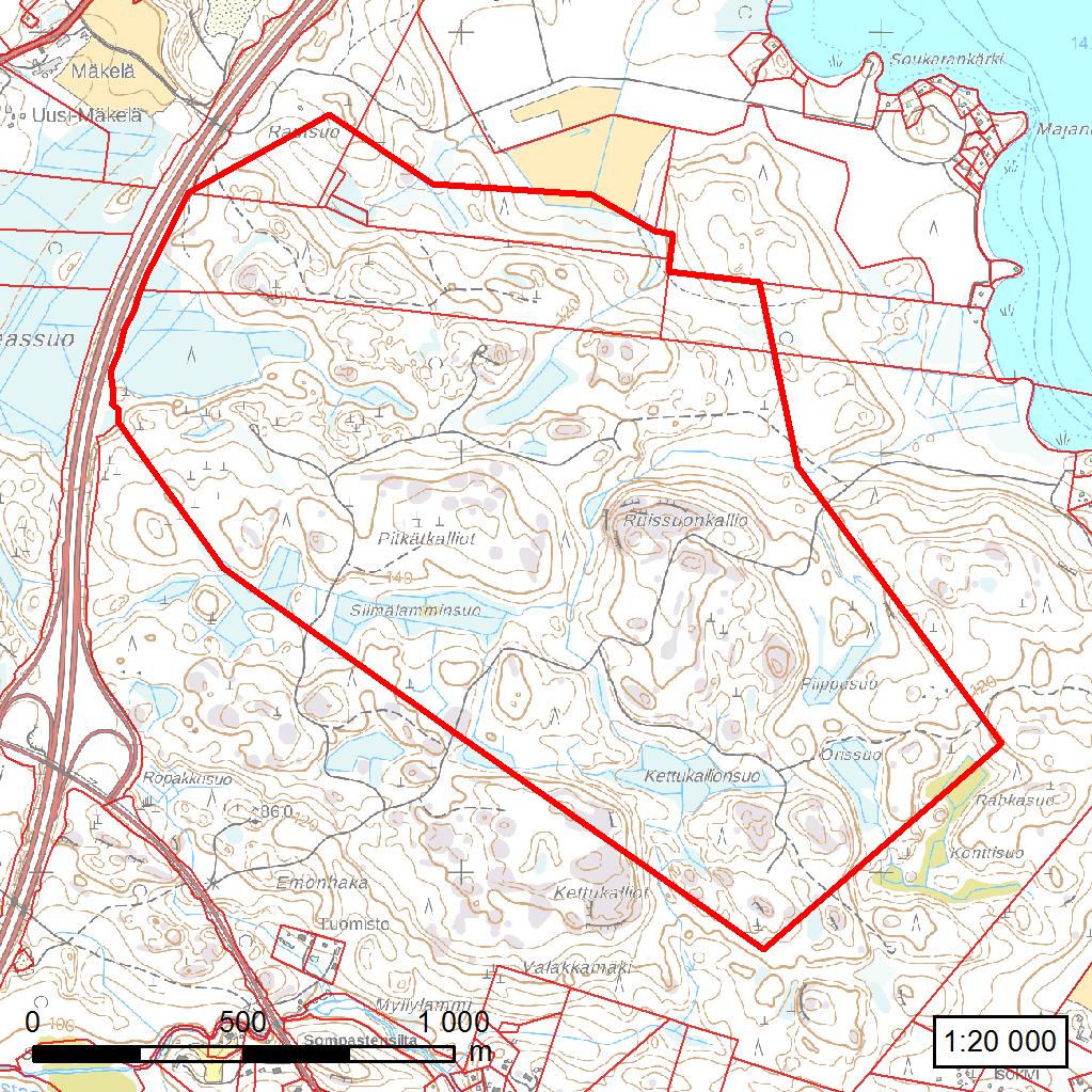 keskustasta. Alue on metsätalouskäytössä. Alueella on paljon korkeuseroja, maaperä muodostuu pääosin kalliosta ja moreenista. Alue muodostuu lähes kokonaan yhdestä kiinteistöstä.