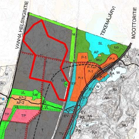 tielle 140 Punainen viiva tuleva seututie / pääkatu Punainen palloviiva tuleva kevyen liikenteen reitti z suurjännitelinja Alueen pinta ala: noin 113 ha Lähialueen asutus: 1 km etäisyydellä alueesta