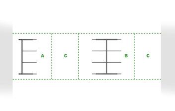 kapasiteetti 10 pyörää 5-aisaisen Oneside 10 telineen kapasiteetti MITOITUSOHJE WALLSIDE A = 1,1m asennuskorkeus alaputkesta lattiaan B = 2,5m telineen vaatima kokonaiskorkeus C = 0,35m* 0,65m** *