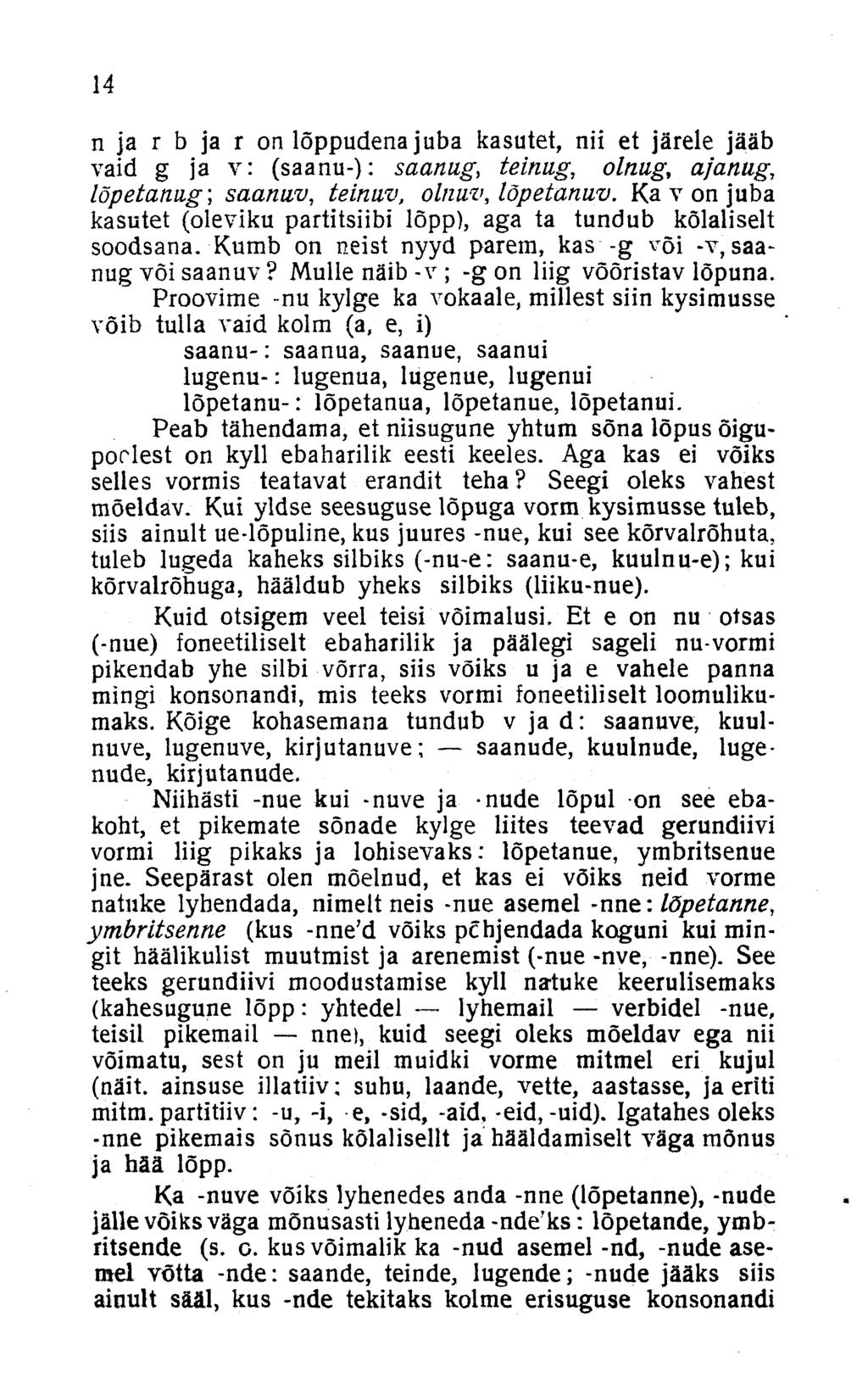 14 n ja r b ja r on lõppudena juba kasutet, nii et järele jääb vaid g ja v: (saanu-): saanug, teinug, olnug, a/anug, lõpetanug; saanu/v, teinuv, olnuv, lõpetanuv.