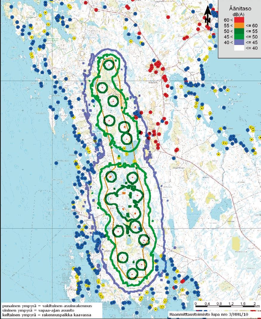 Meluvyöhykkeet hankevaihtoehdossa 1, lähtömelutaso 105 db.