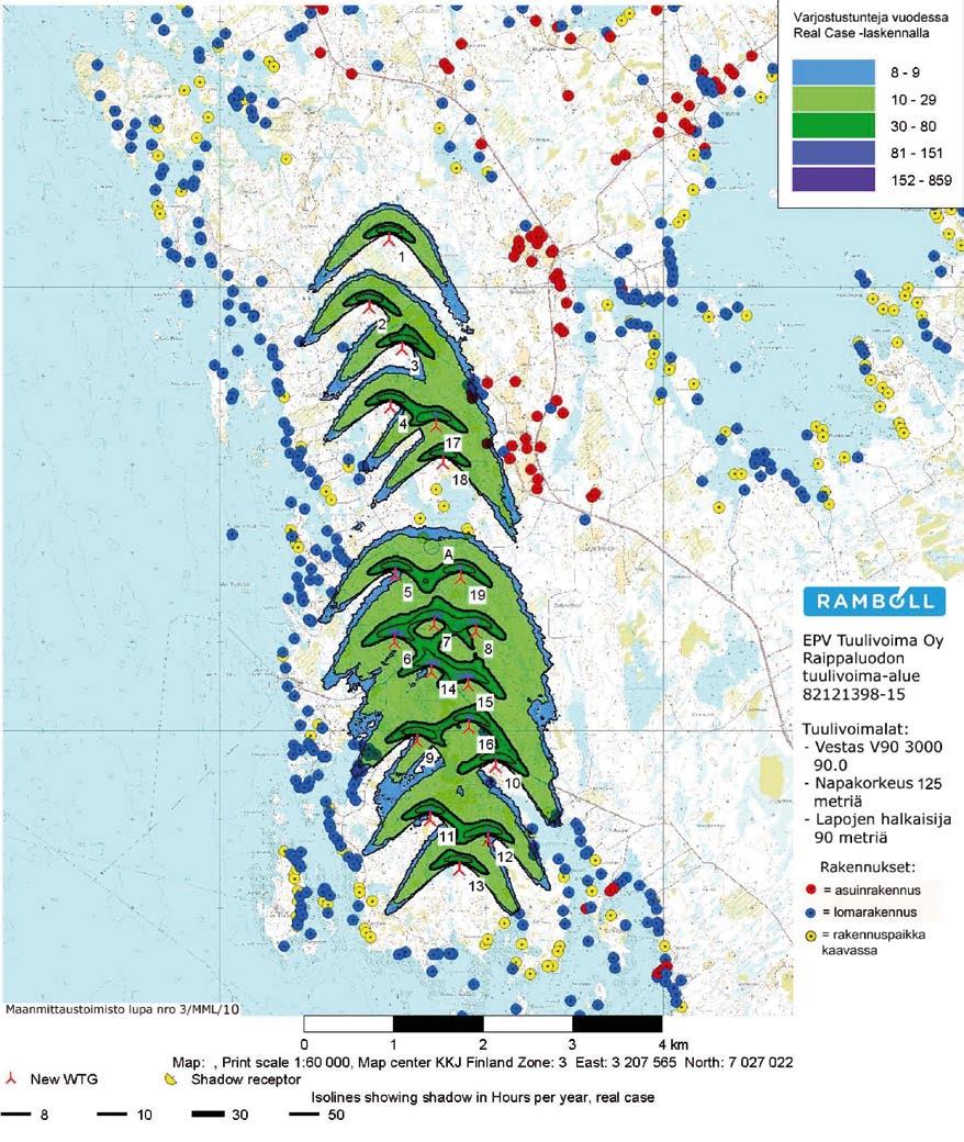 Varjostusvaikutukset vaihtoehdossa 1. Mallinnuksessa käytetty tornin korkeus on 125 metriä.