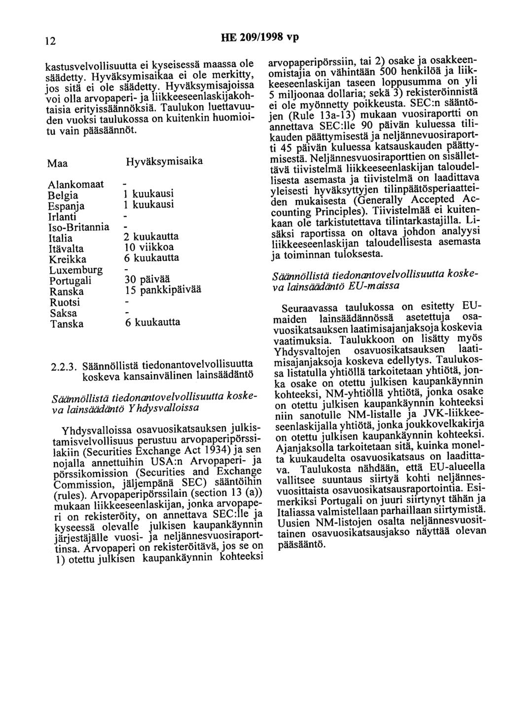 12 HE 209/1998 vp kastusvelvollisuutta ei kyseisessä maassa ole säädetty. Hyväksymisaikaa ei ole merkitty, jos sitä ei ole säädetty.