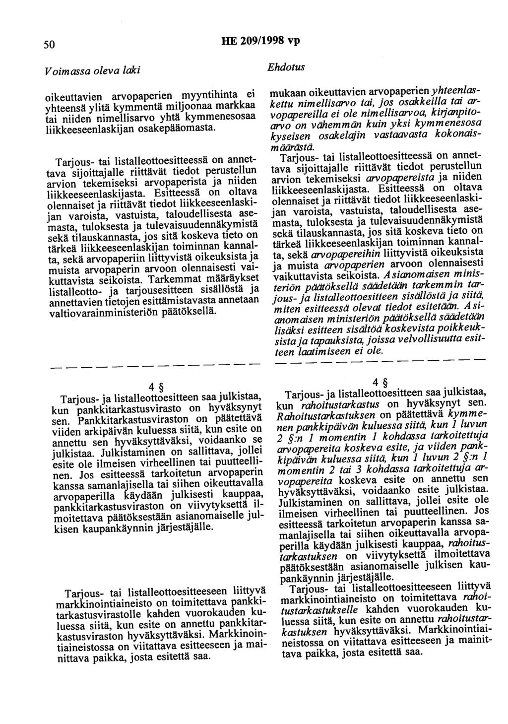 50 HE 209/1998 vp Voimassa oleva laki oikeuttavien arvopaperien myyntihinta ei yhteensä ylitä kymmentä miljoonaa markkaa tai niiden nimellisarvo yhtä kymmenesosaa liikkeeseenlaskijan osakepääomasta.