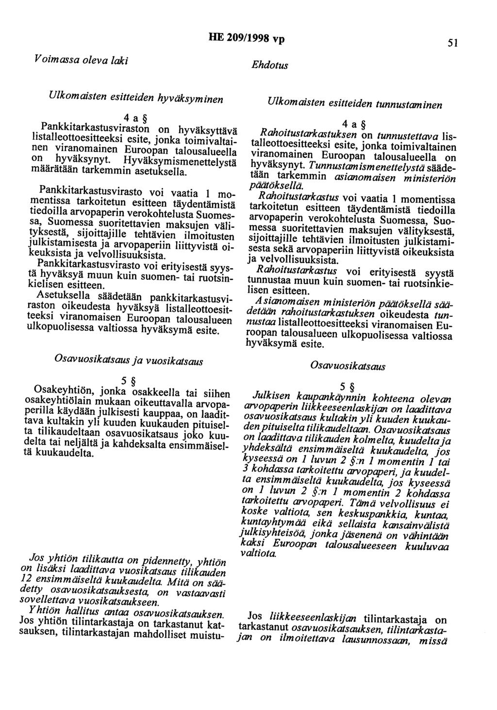 HE 209/1998 vp 51 Voimassa oleva laki Ehdotus Ulkomaisten esitteiden hyväksyminen 4 a Pankkitarkastusviraston on hyväksyttävä listalleottoesitteeksi esite, jonka toimivaltainen viranomainen Euroopan