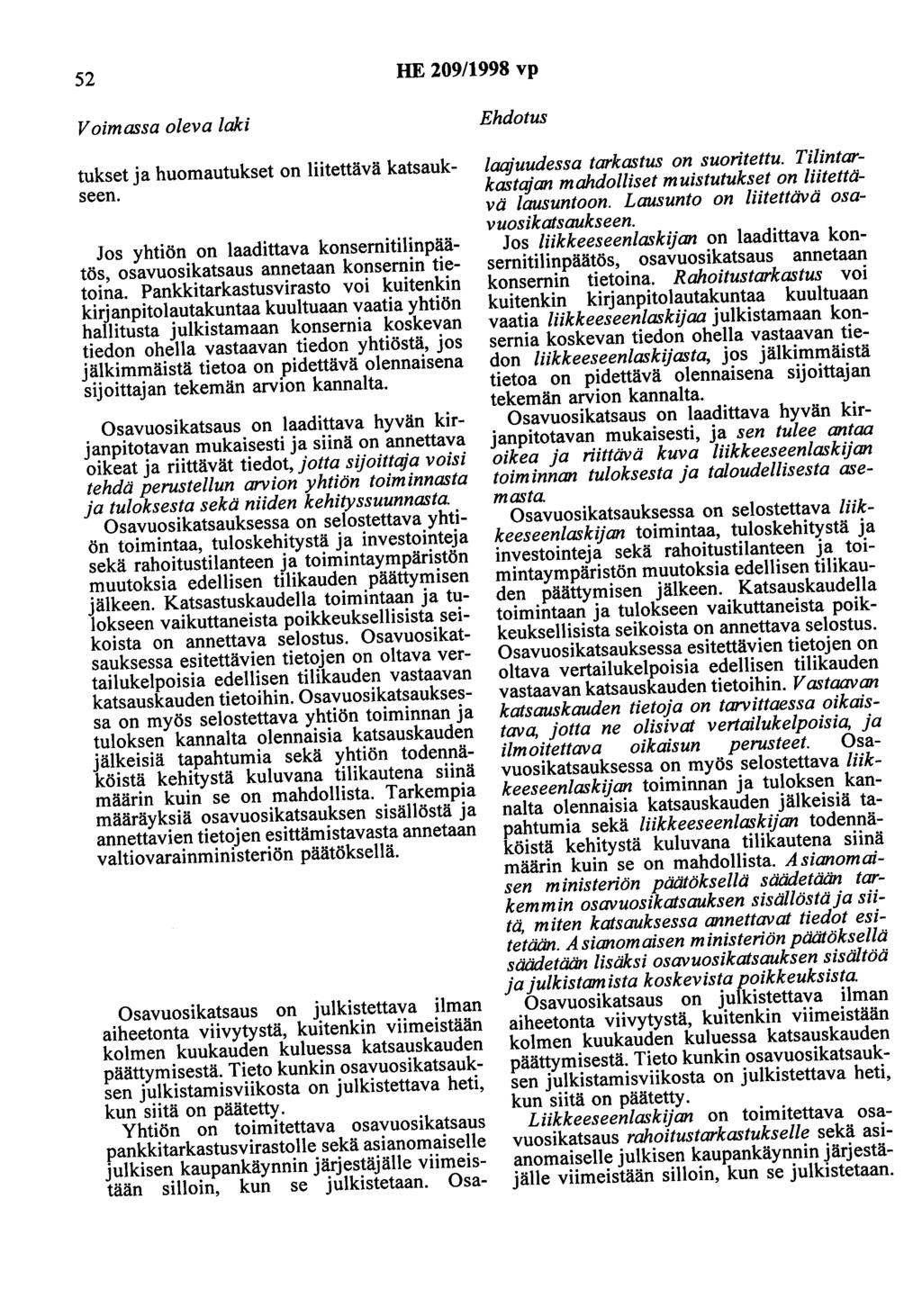 52 HE 209/1998 vp Voimassa oleva laki tukset ja huomautukset on liitettävä katsaukseen. Jos yhtiön on laadittava konsernitilinpäätös, osavuosikatsaus annetaan konsernin tietoina.