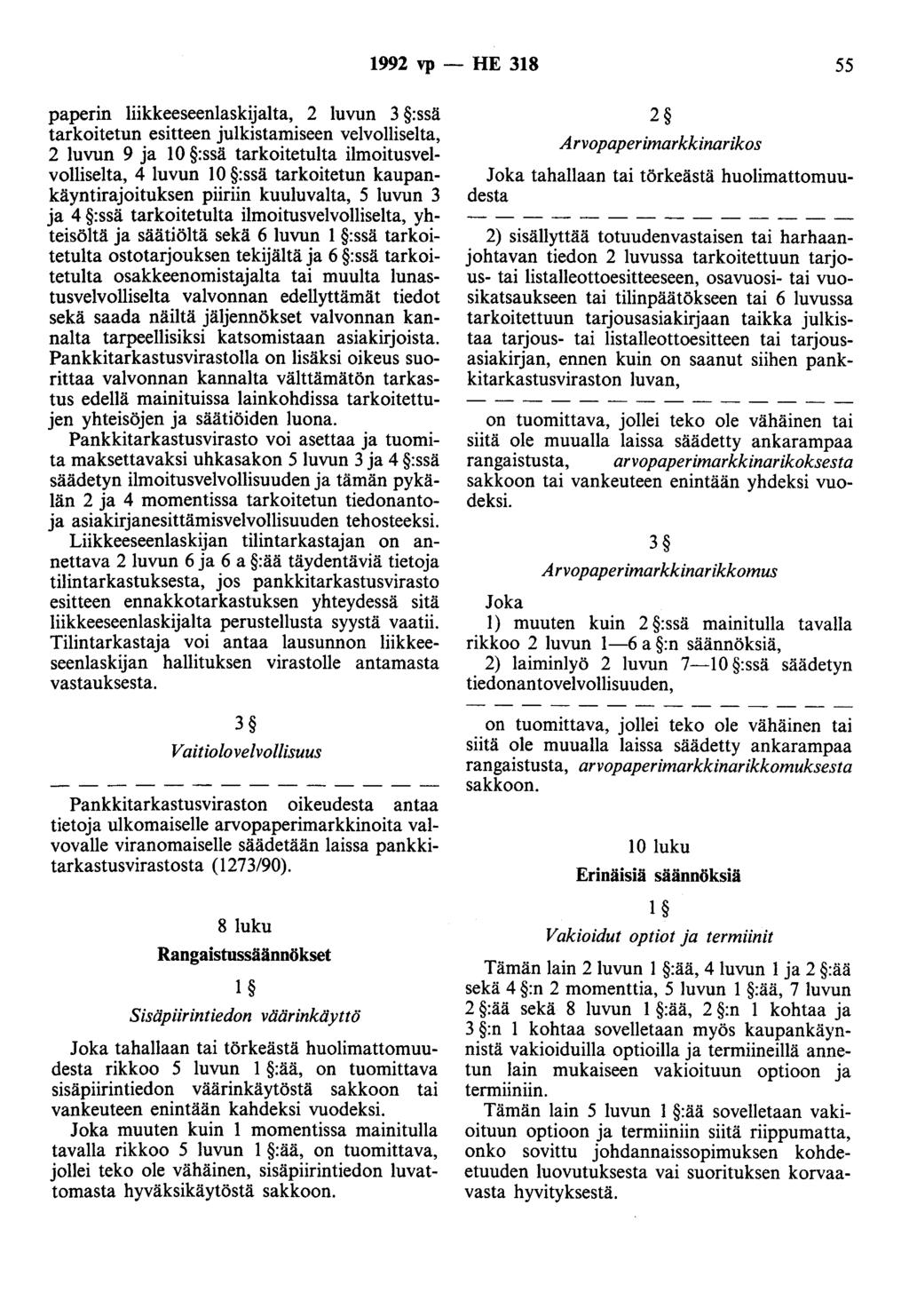 1992 vp - HE 318 55 paperin liikkeeseenlaskijalta, 2 luvun 3 :ssä tarkoitetun esitteen julkistamiseen velvolliselta, 2 luvun 9 ja 10 :ssä tarkoitetulta ilmoitusvelvolliselta, 4 luvun 10 :ssä