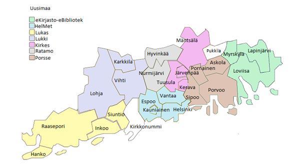 Kartta 11. Uudenmaan kirjastokimpat 2016. Taulukko 11. Uudenmaan kirjastojen perustietoja 2016. Uusimaa Kuntia 26 Väestö -alle 15 v.