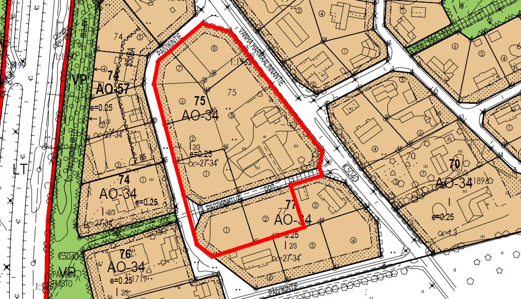 / Ote ajantasa-asemakaavasta, suunnittelualueen rajaus punaisella. Tonttijako ja rekisteri Korttelin tonteilla ja on voimassa sitova tonttijako 0, joka on hyväksytty 0..00.