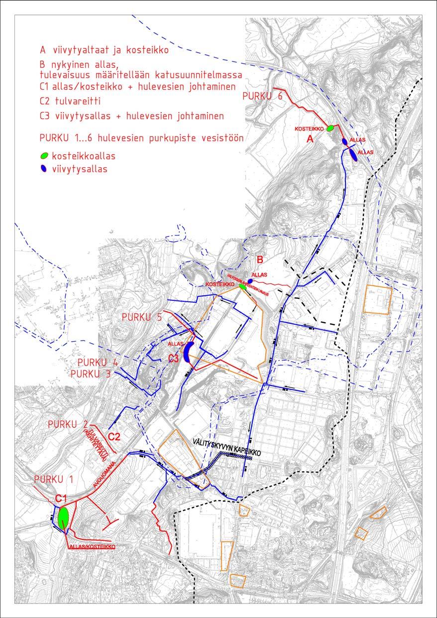 3 HULEVESIEN HALLINTA Selvitysalueella on useita mahdollisia paikkoja hulevesialtaille (Kuva 7).