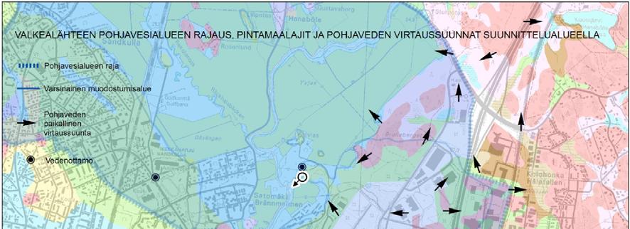 5 Kuva 4 Pohjavesialueiden rajaus, pintamaalajit ja pohjaveden virtaussuunnat suunnittelualueella (lähde: Vantaanjoen ja Helsingin seudun vesiensuojeluyhdistys, 2010) 1.