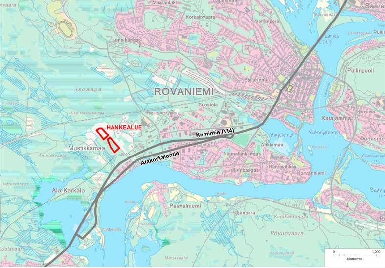 Kuva 4-1. Hankealueen sijainti, biokaasulaitoksen sijoittuminen on esitetty kuvassa punaisella rajauksella (vaihtoehdot VE1 ja VE2).- torissa, jossa käsittelylämpötila on mesofiilinen (35 37 o C).