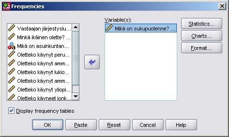 15 Esimerkki Lasketaan frekvenssi ja suhteellinen frekvenssi sukupuolelle, eli selvitetään, kuinka moni vastaajista on miehiä ja kuinka moni naisia sekä samat prosentuaalisesti.