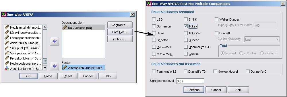 32 painamalla Post Hoc painiketta. Post Hoc menetelmiä on useita, joskin ehkä yleisin niistä on Tukeyn menetelmä. Valitaan se ja painetaan Continue- ja OK-painiketta. KUVIO 36.