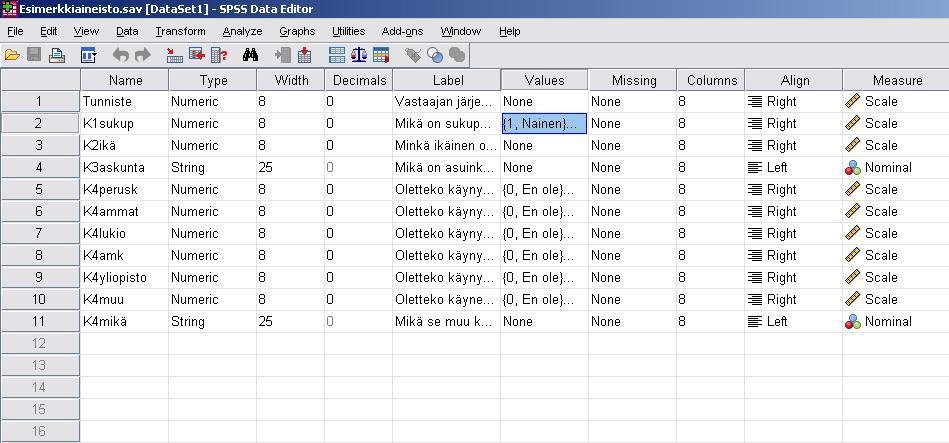 6 KUVIO 3. Esimerkkikyselylomake Kuviossa 4 on valmis tallennuspohja Variable View näkymästä katsottuna. Kuviossa on peruskoulu-muuttujan Values-ikkuna avattuna. KUVIO 4.