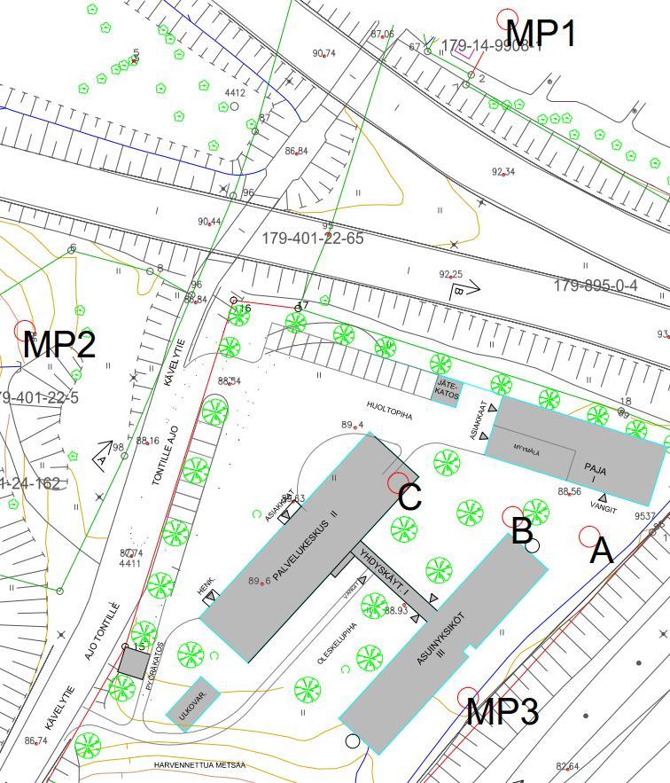 3 Kuva 2.1. Tontin asemapiirustus, luonnos 5.2.2016 (Arkkitehdit MV Oy) ja mittauspisteet Vuoden 2011 mittauksissa (Ramboll 2011) tarkasteltu alue oli suurempi kuin tässä raportissa tarkasteltava.