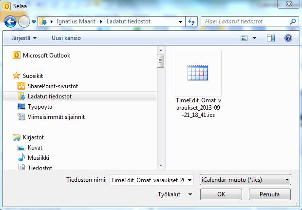 Sivu 11 / 16 Valitse kalenteritiedosto tallennuspaikasta (useimmiten Ladatut tiedostot -kansio) ja paina OK.