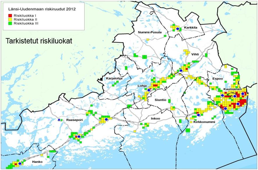 17 Kuva 1. Länsi-Uudenmaan riskiruudut vuonna 2012 (Länsi-Uudenmaan pelastuslaitos). Voimassa oleva riskienaluejako on vahvistettu käytettäväksi 1.2.2017.