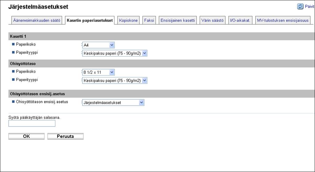 8. Laitteen asetukset COMMAND CENTERillä Paperiasetusten määrittäminen Määritä paperiasetukset napsauttamalla järjestelmäasetussivun [Kasetin paperiasetukset] -välilehteä.