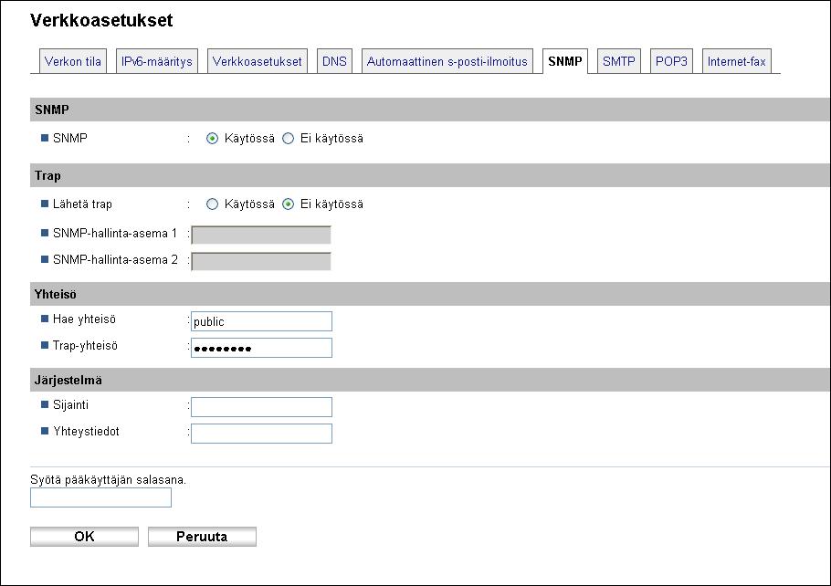 8. Laitteen asetukset COMMAND CENTERillä SNMP SNMP Tieto Kuvaus Valitse, haluatko laitteen ottavan käyttöön SNMP-palvelut.