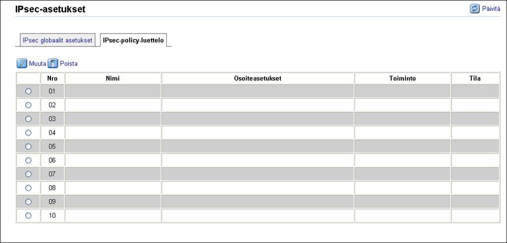 8. Laitteen asetukset COMMAND CENTERillä IPsec-policyn määrittäminen Avaa tallennettujen IPsec-policyjen luettelo napsauttamalla IP-suojausasetussivun [IPsec-policy-luettelo] - välilehteä.
