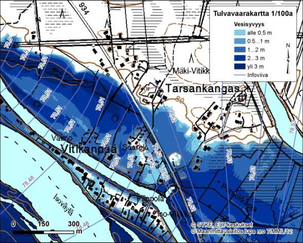 Tulvavaarakartat (1/6) Tulvavaarakartta kuvaa veden alle jäävät alueet ja vesisyvyyden sekä vallitsevan vedenkorkeuden tietyllä