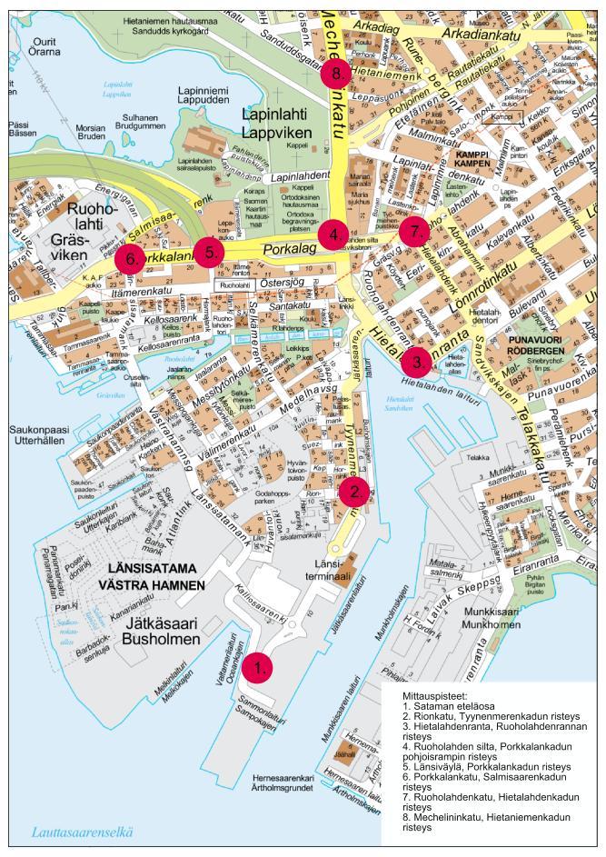 HELSINGIN KAUPUNKI 3 Mittauspisteitä oli käytössä kahdeksan (Kuva 1).