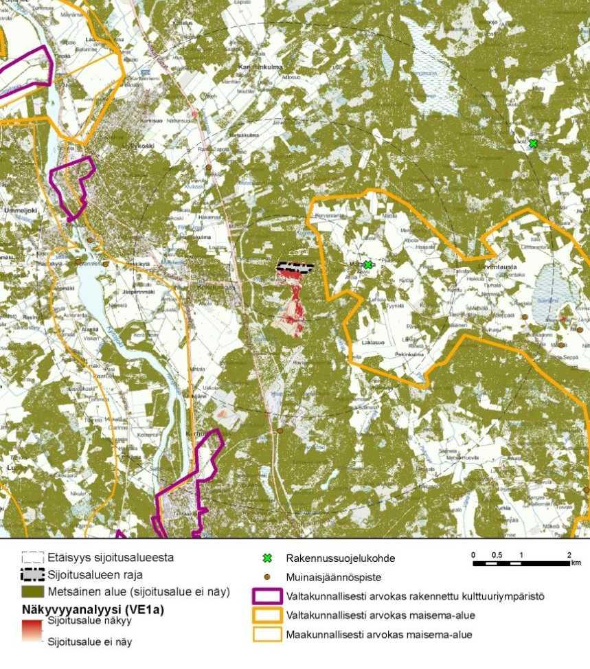 Kuva 7-13. Näkyvyysanalyysi vaihtoehdosta VE1A. Analyysissä on esitetty suunnitellun loppusijoitusalueen teoreettinen näkyvyysalue. Kuva 7-14.