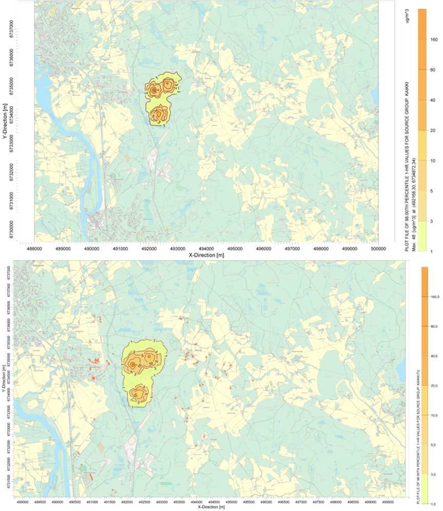Kuva 8-17. Yläkuvassa koko Hyötyvirran alueen mallinnetut suurimmat hajupitoisuudet (OU/m 3 ) 2 % vuoden tunneista vaihtoehdossa VE1a eli noin viikon ajanjakso.