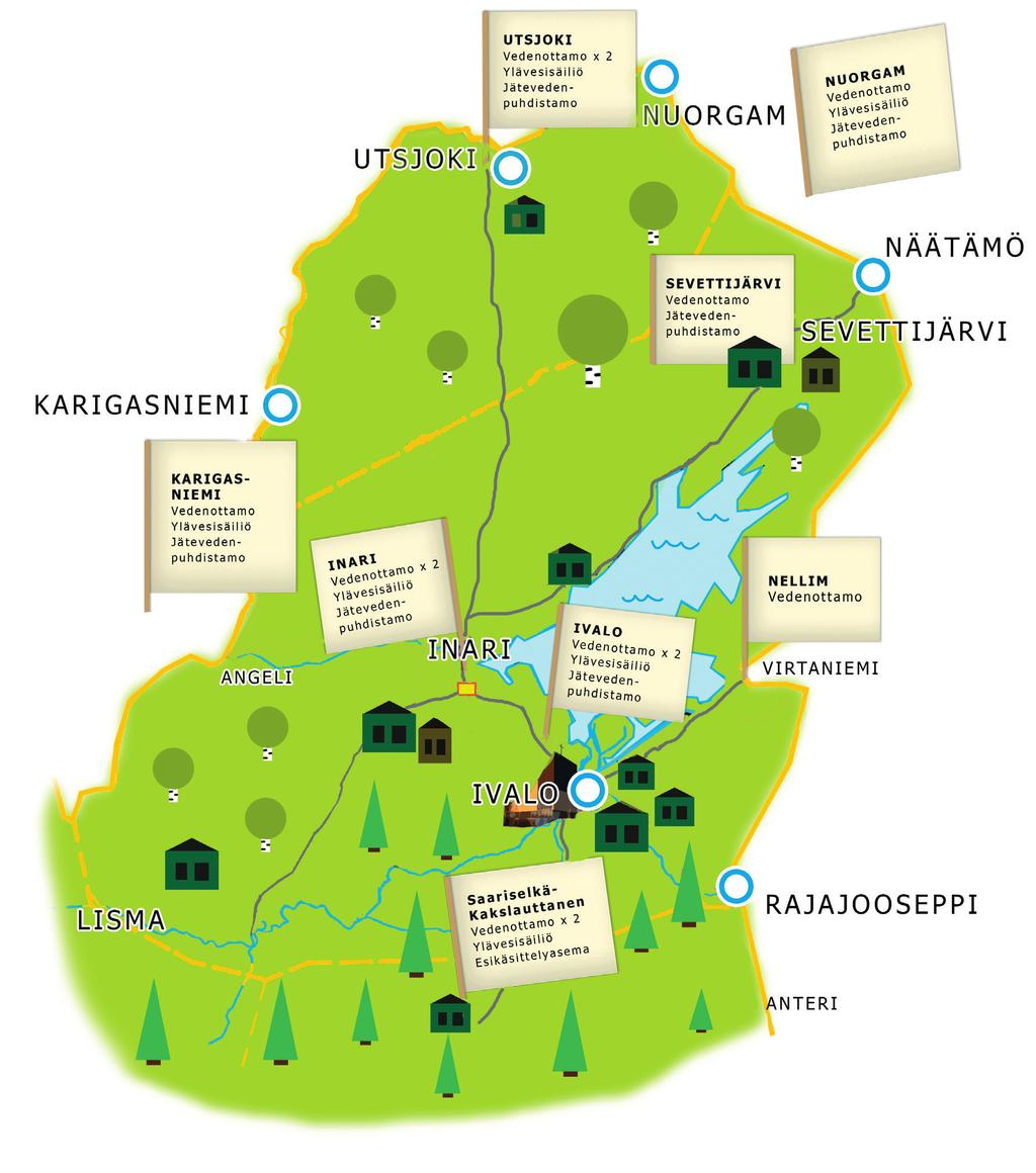 Toiminta-alueemme laitokset ja muu teknologia Vesihuolto pähkinänkuoressa Inarin Lapin Vesi Oy on perustettu vuonna 1986.