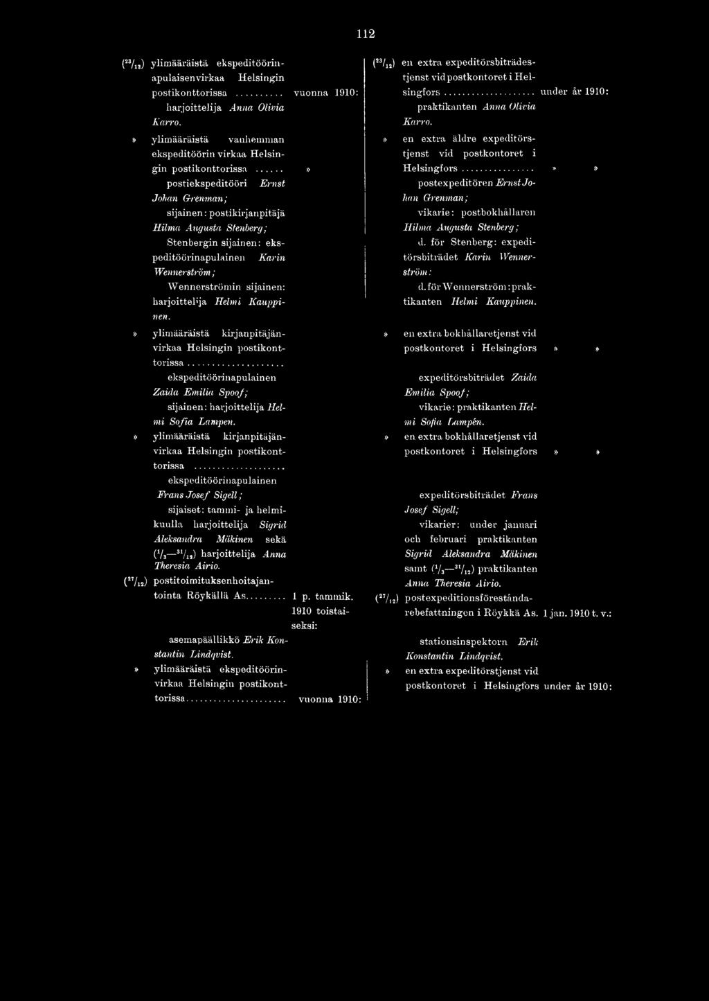 ..» postiekspeditööri Johan Grenman; Ernst sijainen: postikirjanpitäjä Hilma Augusta Stenberg; Stenbergin sijainen: eks- peditöörinapulainen Wennerström; Karin "VVennerströmin sijainen: harjoittelija