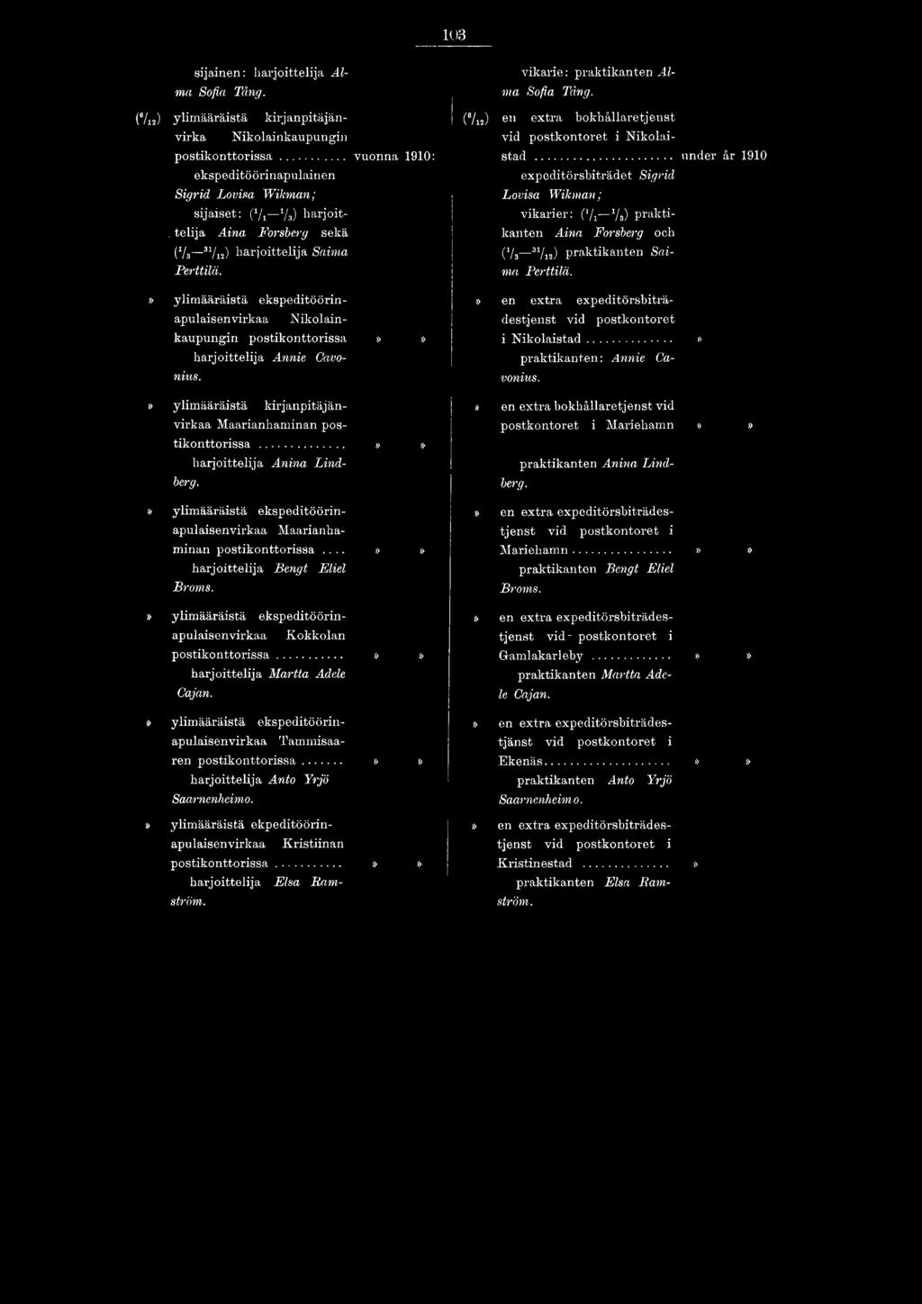 .. under år 1910 expoditörsbiträdet Sigrid Lovisa Wikman; vikarier: (ljt */$) praktikanten Aina Forsberg och (*/, 31/12) praktikanten Sai- ma Perttilä.