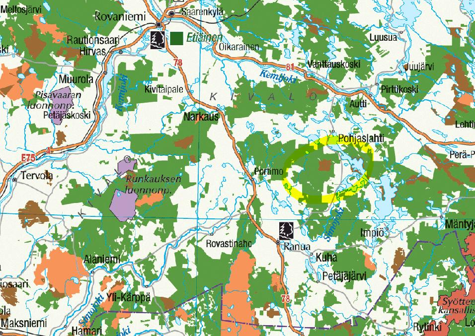 Joutensuo kartassa ruskella, ympyröity