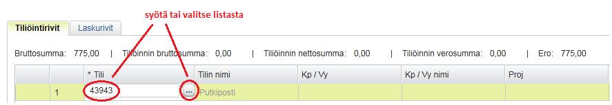 Syötä tai valitse tili ja laskentatunnisteet kuten kustannuspaikka manuaalisesti 3.