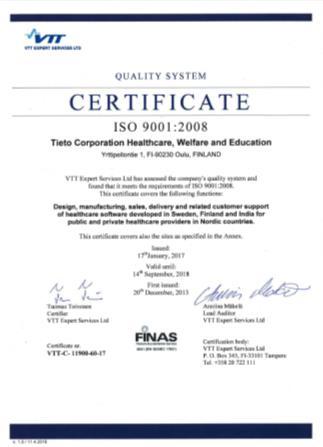 Sertifikaatit Tieto Healthcare, Welfare and Education yksiköllä on ISO 9001:2008 ja ISO13485:2016 sertifikaatit.