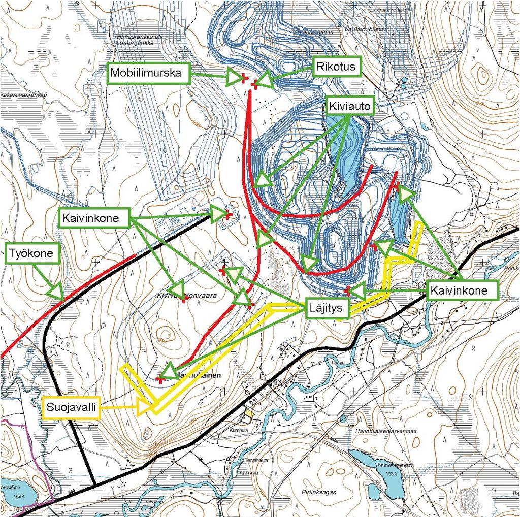 1.1.1 Muu rakentaminen Suojavallin valmistumisen jälkeen kaivoksen muun rakentamisen aiheuttaman melun leviämisen mallinnus tehtiin tilanteessa, jossa kaivosalueen eteläreunassa sijaitsee n.