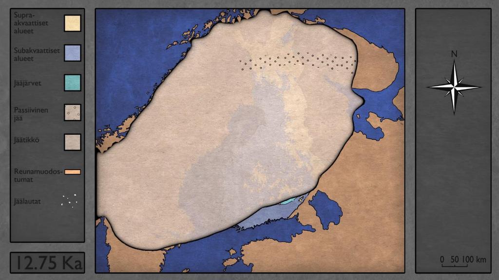 45 Kuva 33: Suomen alueen animaation mannerjäätikön asema 12,75 ka sitten. Aikavälillä 14 12,75 ka mannerjäätikkö vetäytyy melkein kaikilla reuna-asemilla.