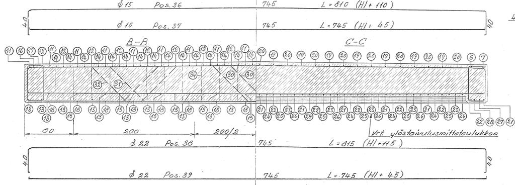 117 Kuva 50: BB-17 laattasillan poikkileikkaus kentässä (HL=7,0 m) [4] Kuva 51: BB-17 laattasillan poikkileikkaus tuella (B-B) ja kentässä (C-C) [4] Kuvissa näkyvät poikkileikkaukset ovat