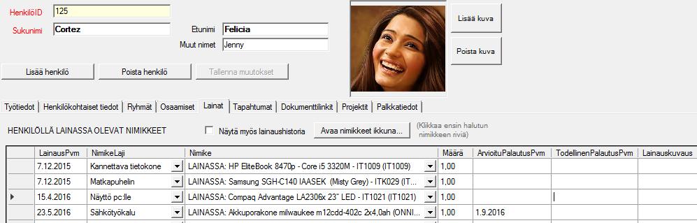 HENKILÖSTÖ - LAINAT Henkilöstön puolella saadaan vastaus kysymykseen "Mitä laitteita hänellä on hallussaan?" Tällä ikkunalla voidaan myös tehdä nimikkeiden lainauksia.