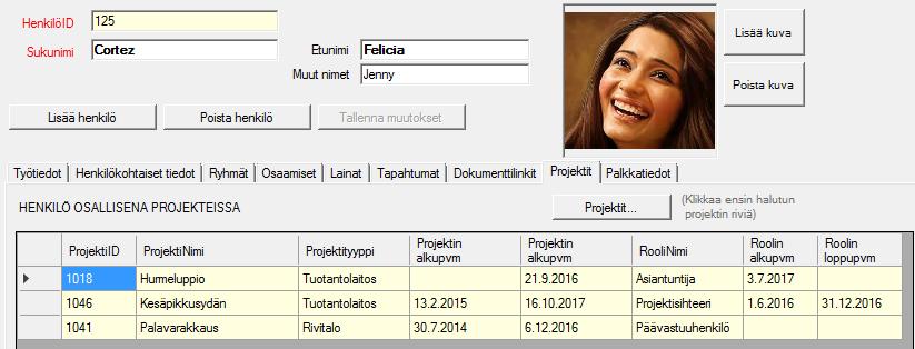 HENKILÖSTÖ - PROJEKTIT Tällä välilehdellä nähdään missä projekteissa henkilö on ollut.