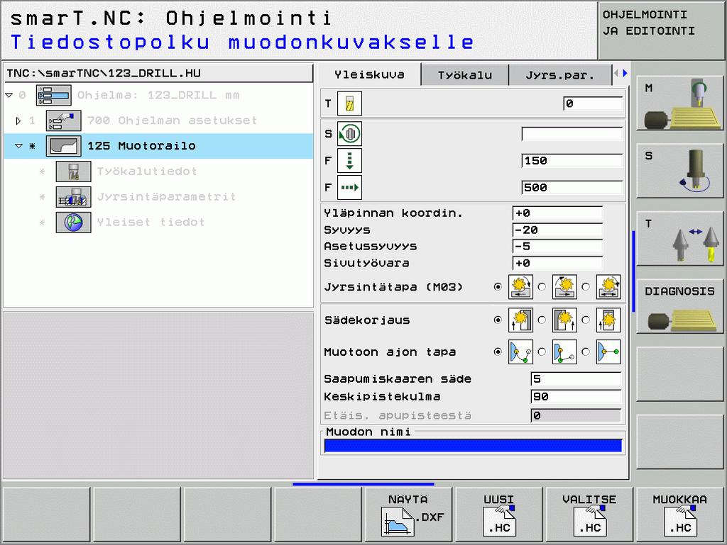 DXF-konvertterin käynnistäminen lomakkeesta 8 Valitse käyttötapa smart.nc. 8 Valitse haluamasi koneistusaskel, muoto-ohjelmille vaaditaan (UNIT 122, UNIT 125).