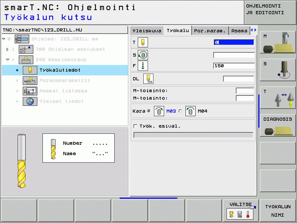 Yksikkö 240 Keskiöporaus Parametrit lomakkeessa Yleiskuvaus: Koneistusten määrittely 8 T: Työkalun numero tai nimi (vaihdettavissa ohjelmanäppäimellä) 8 S: Karan kierrosluku [r/min] lastuamisnopeus