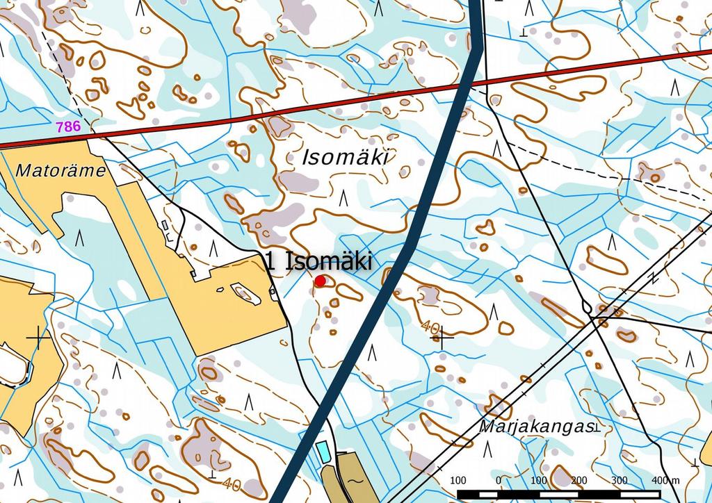 2 Isomäen sijainti punaisena pisteenä, voimajohtolinjaus paksuna viivana. 7.