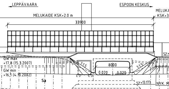 Kilon alikulkukäytävä Teräsbetoninen laattakehäsilta Kilon alikulkukäytävä Hl 12,41 + 11,26 m Kokonaispituus 33,9 m Vapaa aukko 8,0 m Vinous 0 gon Vapaa alikulkukorkeus 3,0 m 616 843 (i=137,0) Silta