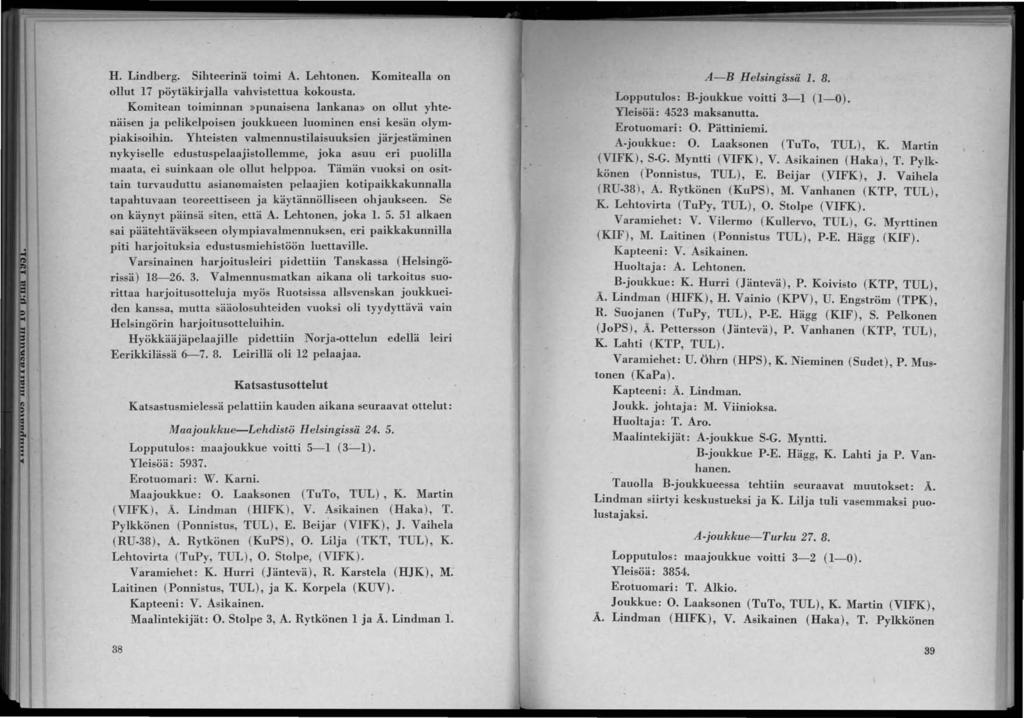 H. Lindberg. Sihteerinä toimi A. Lehtonen. Komitealla on ollut 17 pöytäkirjalla vahvistettua kokousta.