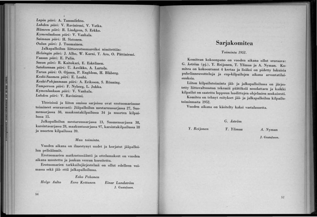 Lapin piiri: A. Tammilehto. Lahden piiri: V. Raviniemi, V. Vatka. Hämeen piiri: R. Lindgren, S. Erkko. Kymenlaakson piiri: V. Vanhala. Saimaan piiri: H. Sistonen. Oulun piiri: J. Tuomainen.