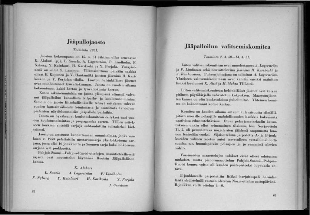 Jääpallojaosto Toiminta 1951. Jaoston kokoonpano on 15. 4. 51 lähtien ollut seuraava: K. Alakari (pj), L. Suurla, A. Lagerström, P. Lindholm, F. Nyherg, Y. Kainlauri, H. Karikoski ja Y. Perjola.